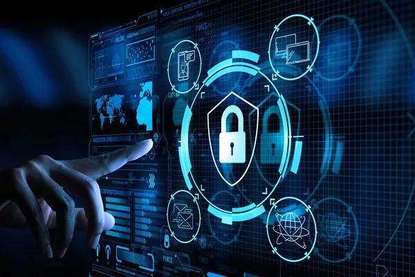 Biểu tượng mã hóa dữ liệu với khóa và đường truyền an toàn